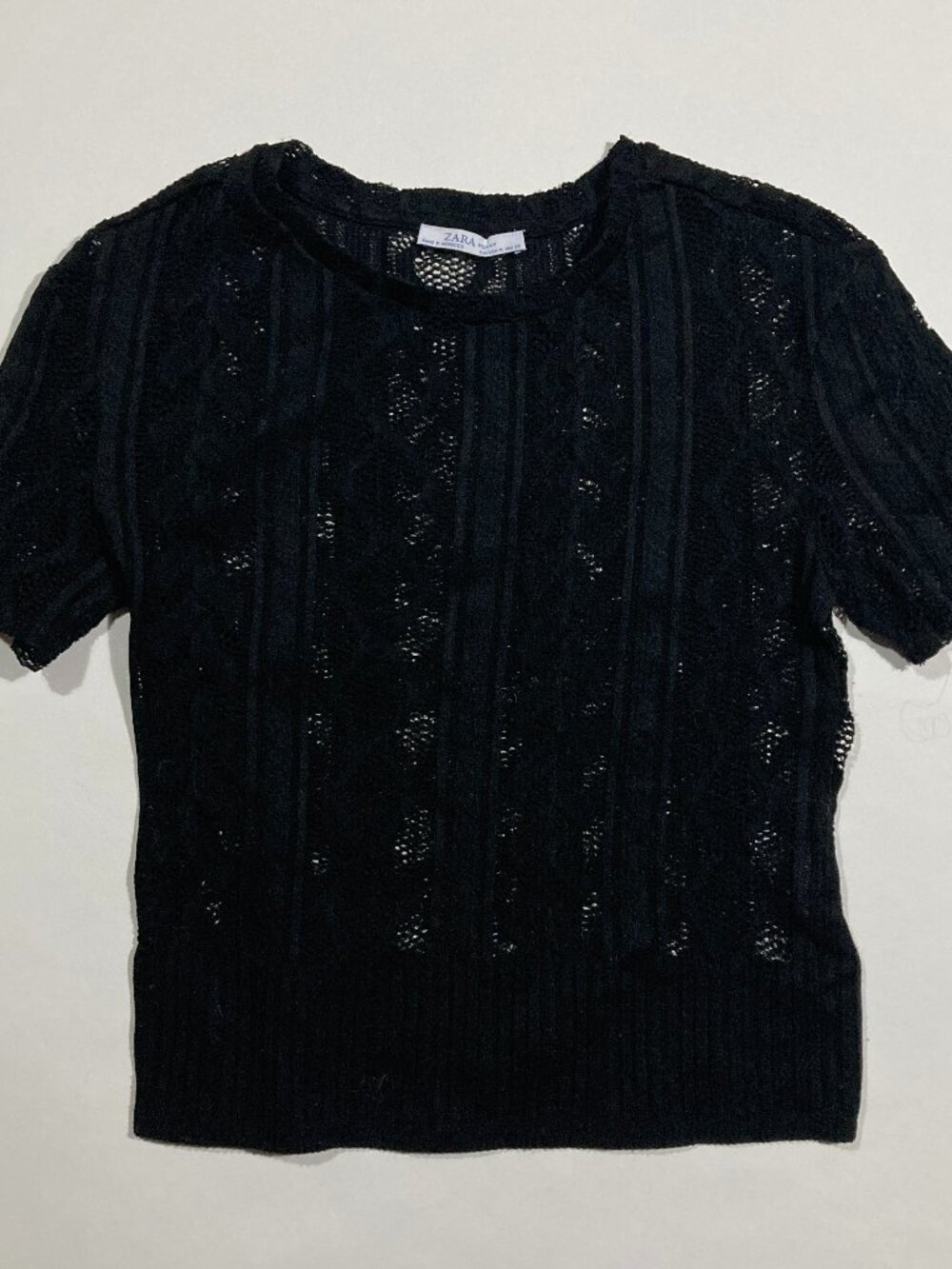 Zara Woman Black Open-Knit Short Sleeve Top